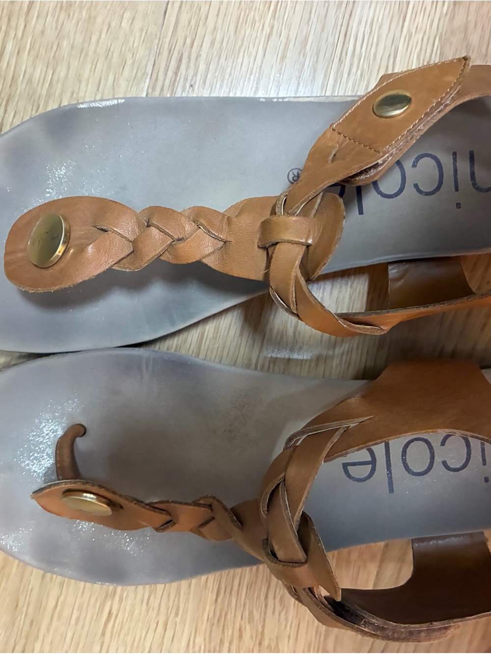 Nicole Braided Toe-Post Sandals in Tan with Gold Accents